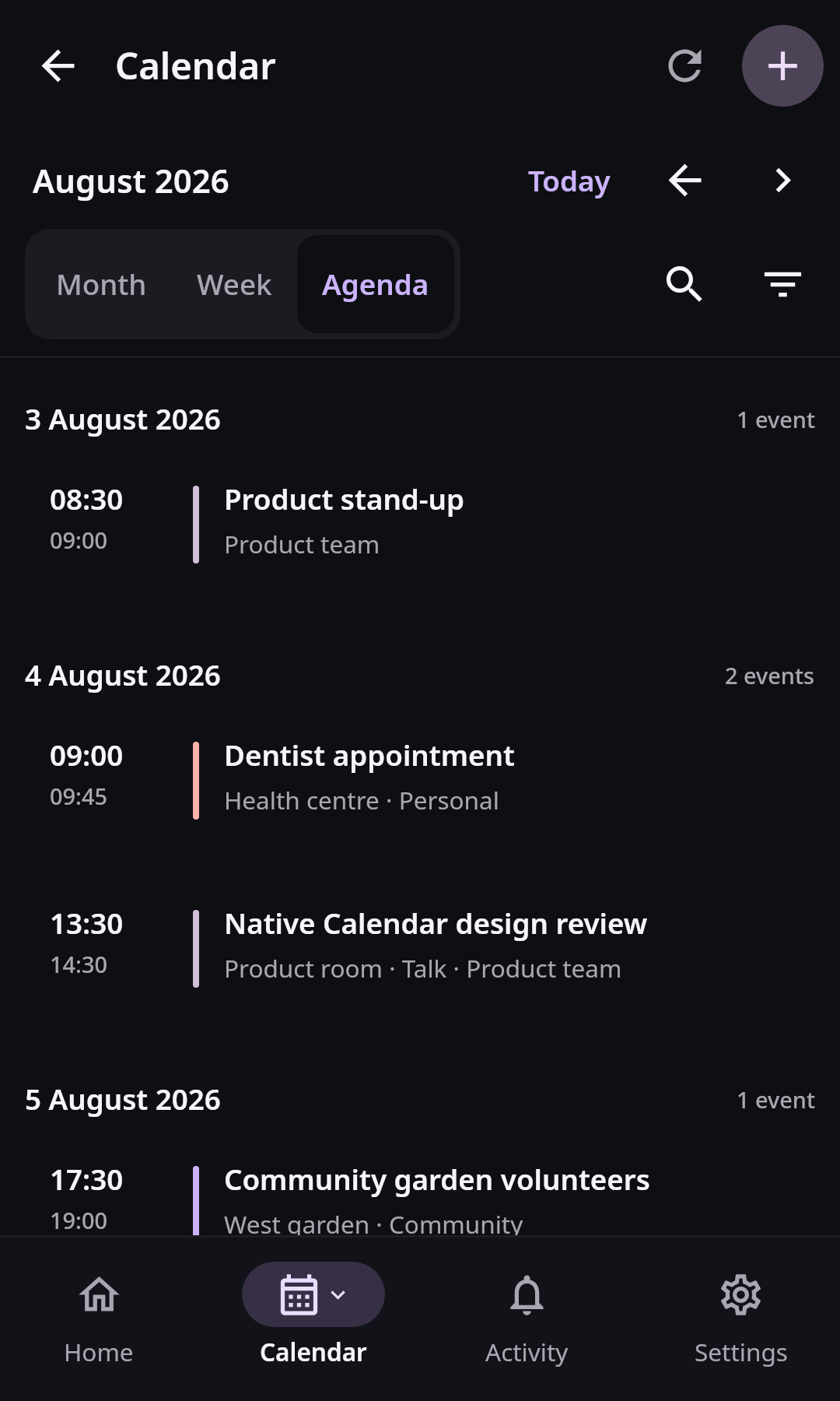 Nextcloud Native Android Calendar screen with a compact month view, touch-sized navigation, an agenda, source labels, and an add-event action