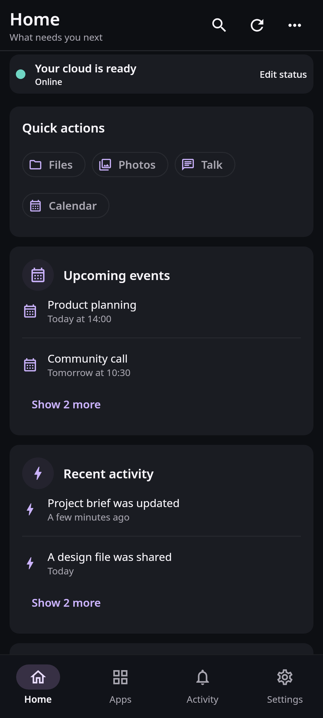 Nextcloud Native Android Home screen showing the connected account status, quick actions, recent files, upcoming events, photo backup, and conversations