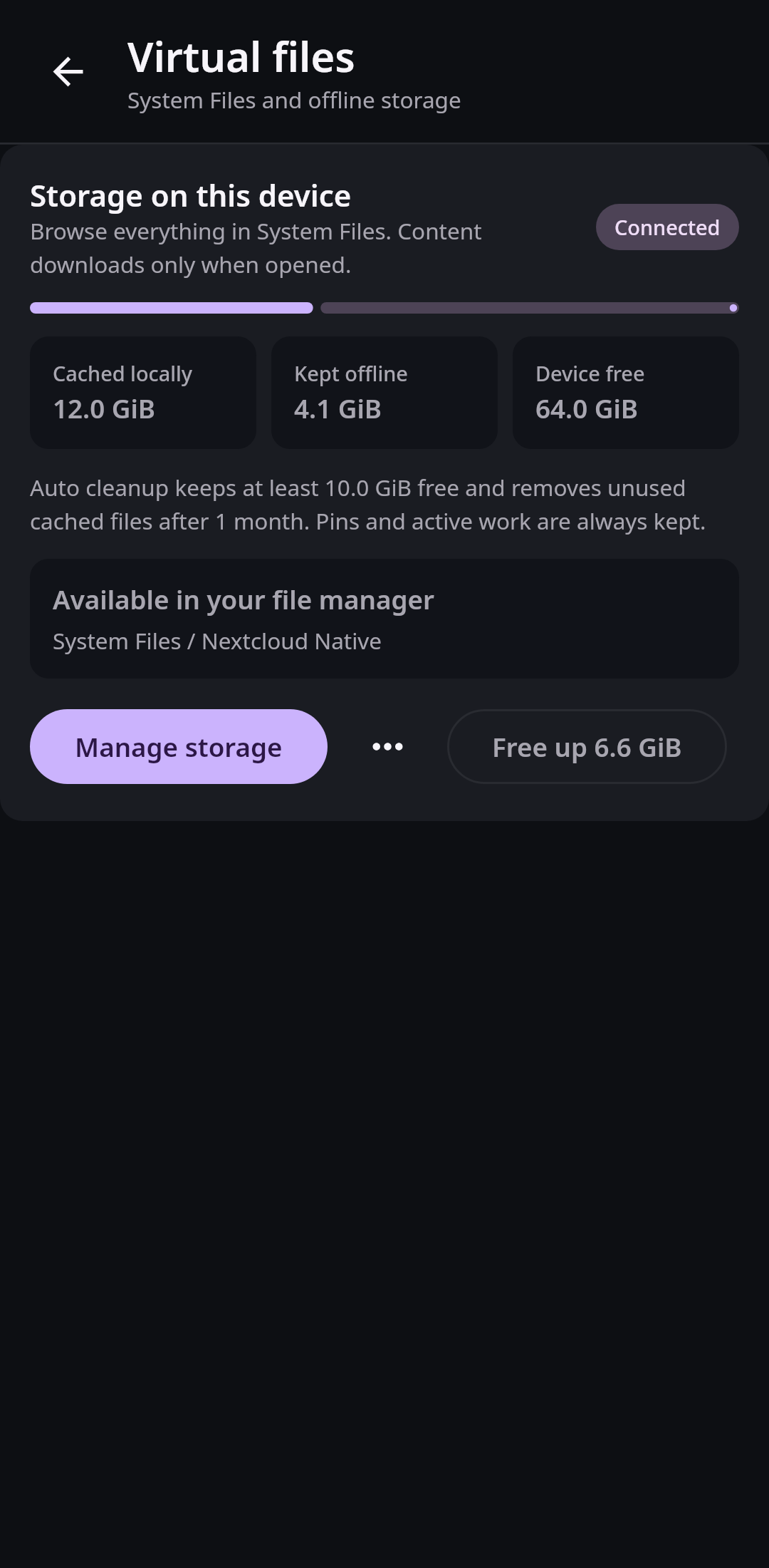 Nextcloud Native Android virtual-file storage view showing the System Files provider, cache usage, protected offline pins, free space, and cleanup policy