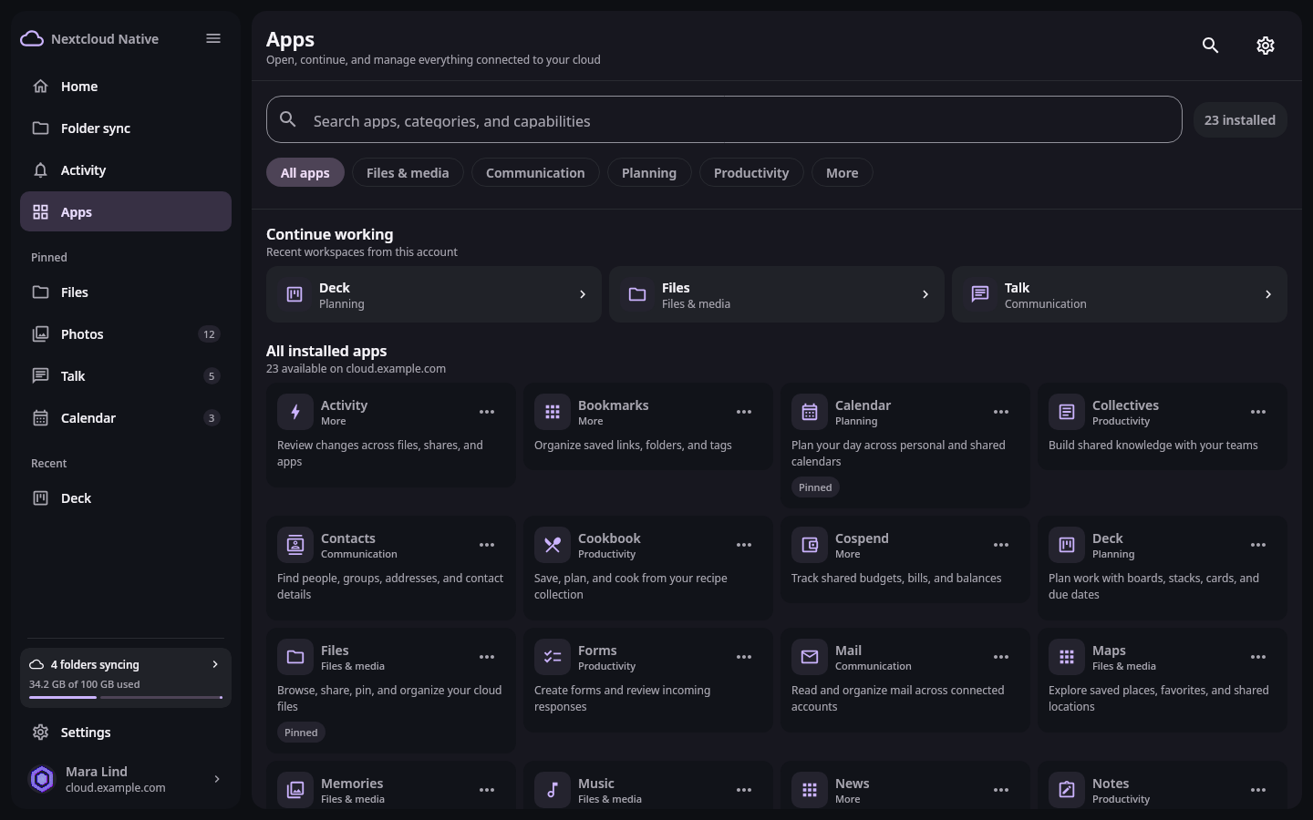 Nextcloud Native desktop Apps workspace with pinned tools, recent work, categories, search, installed app cards, and the persistent sidebar