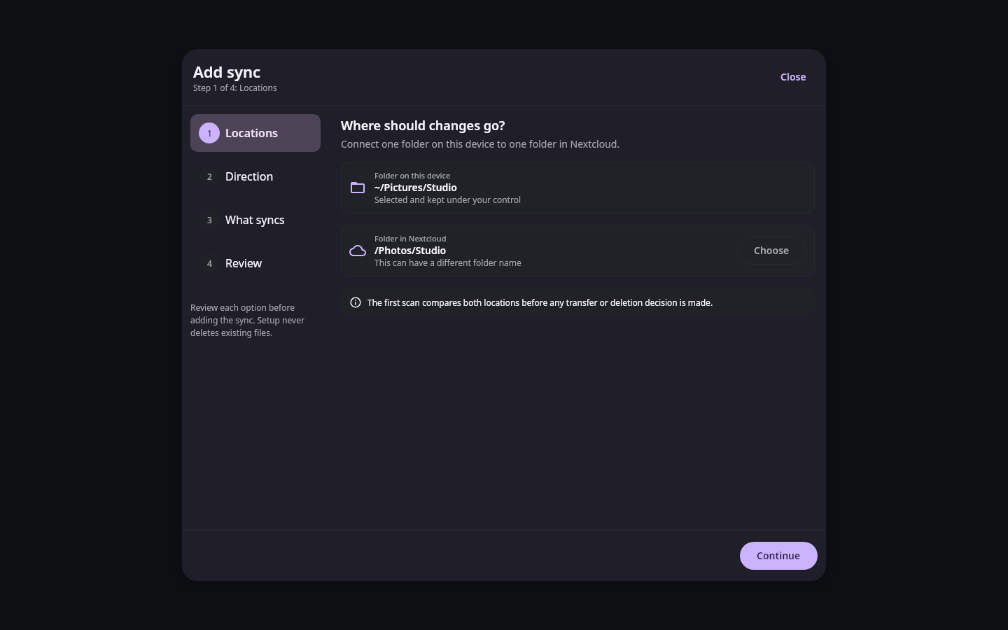 Nextcloud Native Linux Add sync dialog showing the local directory, remote Nextcloud directory, direction options, and mapping review