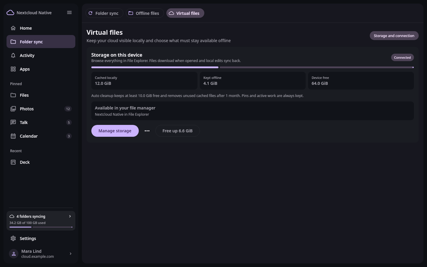 Nextcloud Native Windows virtual-file storage overview showing placeholder integration, hydrated bytes, pinned content, free space, and automatic cleanup state