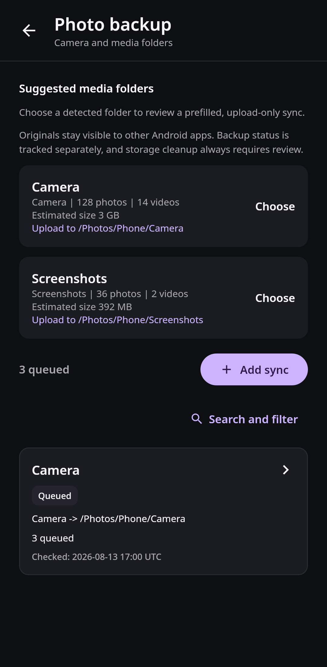 Nextcloud Native showing detected Camera and Screenshots folders plus pending and completed photo backup counts on mobile